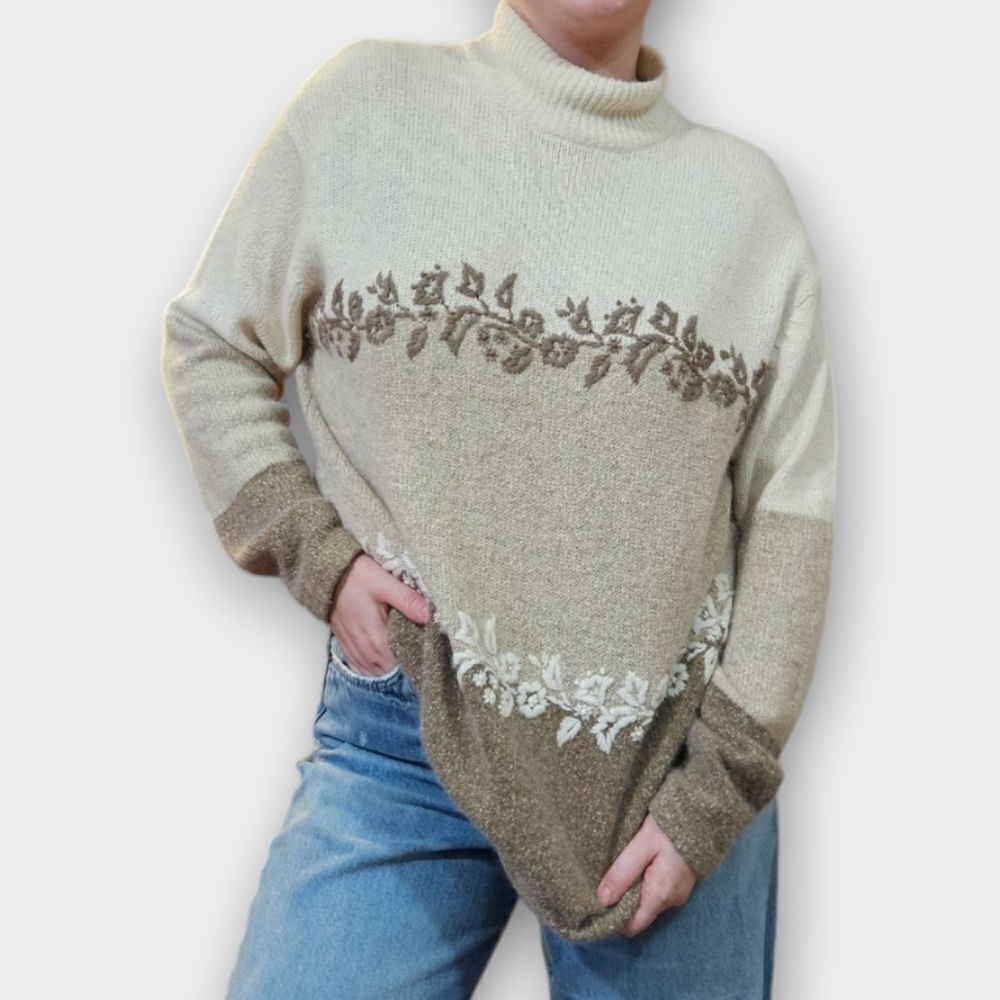 Vintage Segue Angora Silk Lambswool Oversized Slouchy Floral Mock Neck Sweater M